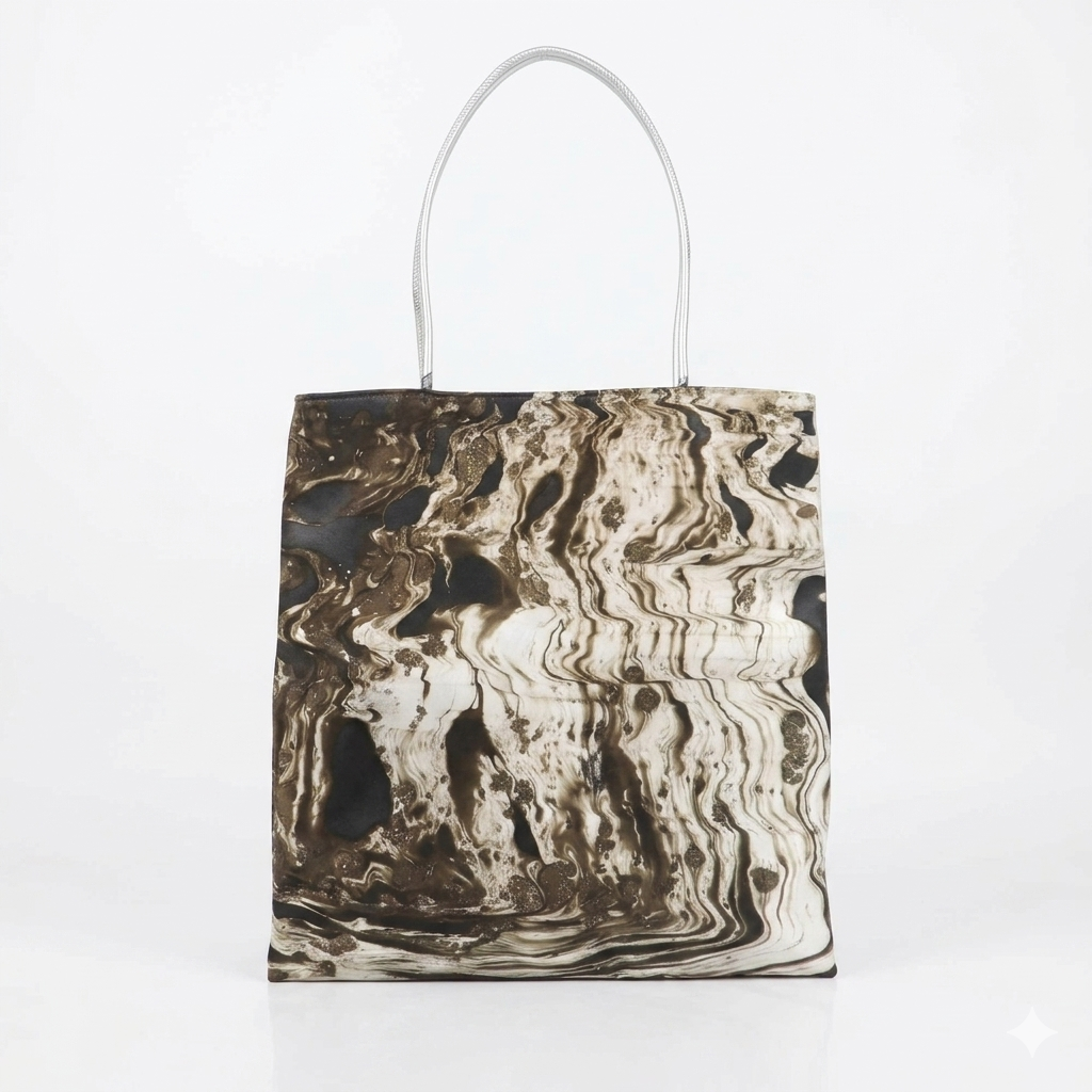 The Large Tote ·  Hand-Marbled Metallic Satin · Silver Handle · Never the Same Twice